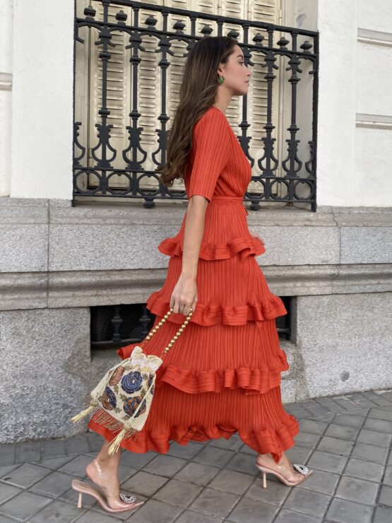 Vestido studio plisado volantes teja - Imagen 3