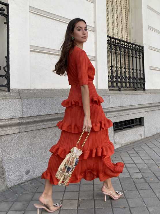 Vestido studio plisado volantes teja