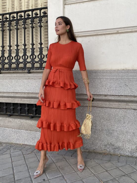 Vestido studio plisado volantes teja - Imagen 6