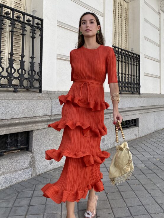 Vestido studio plisado volantes teja - Imagen 4