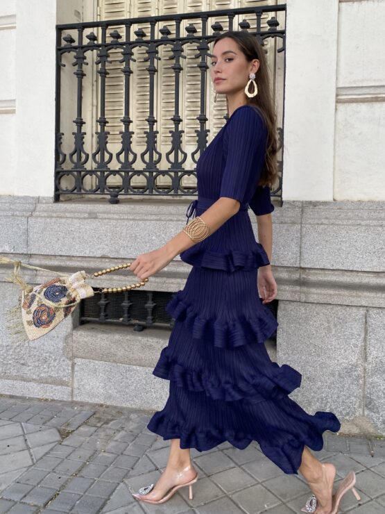 Vestido studio plisado volantes azul añil