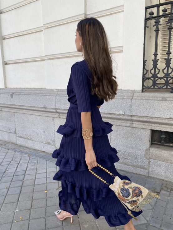 Vestido studio plisado volantes azul añil - Imagen 4