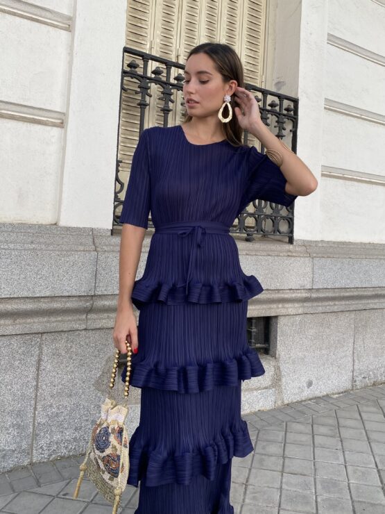 Vestido studio plisado volantes azul añil - Imagen 6