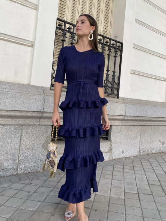 Vestido studio plisado volantes azul añil - Imagen 3
