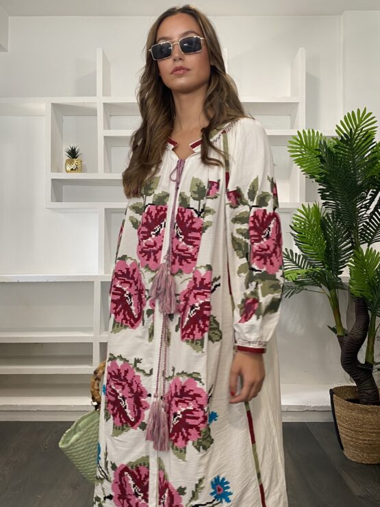 Vestido bordado punto de cruz  beige - Imagen 7