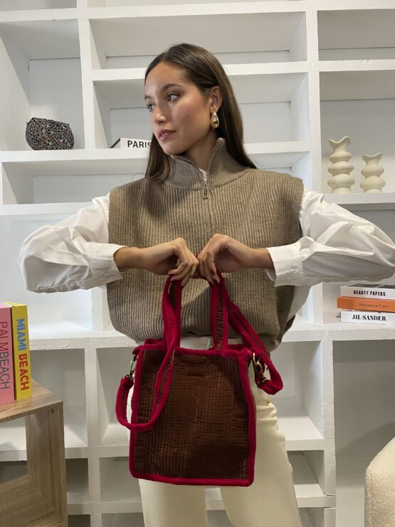 Bolso terciopelo dark camel bicolor - Imagen 3