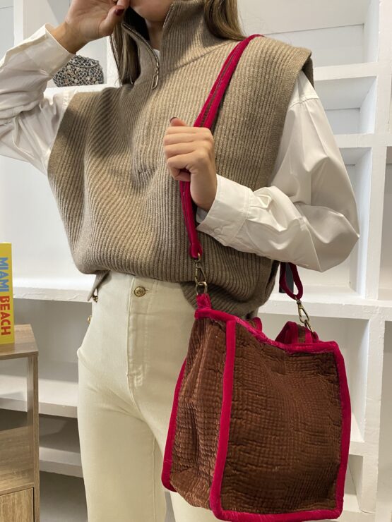 Bolso terciopelo dark camel bicolor - Imagen 2