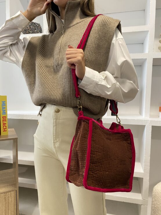 Bolso terciopelo dark camel bicolor