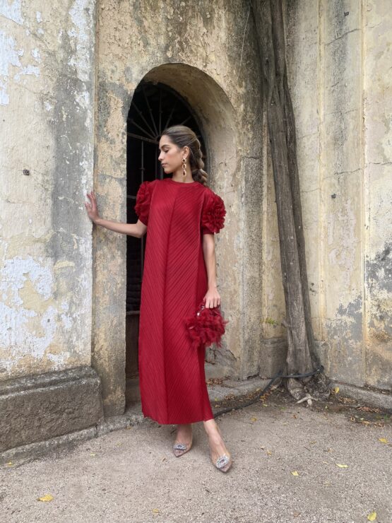 Vestido magnolia plisado rojo - Imagen 4