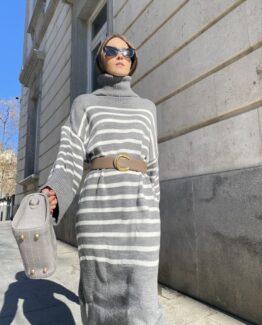 Vestido punto gris rayas