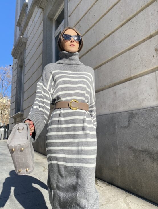 Vestido punto gris rayas