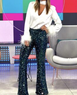 Pantalón flare lentejuelas verde