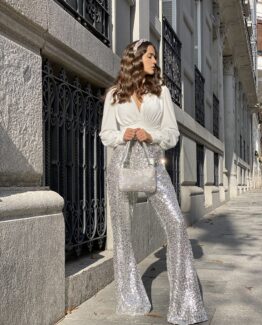 Pantalón flare lentejuelas plata