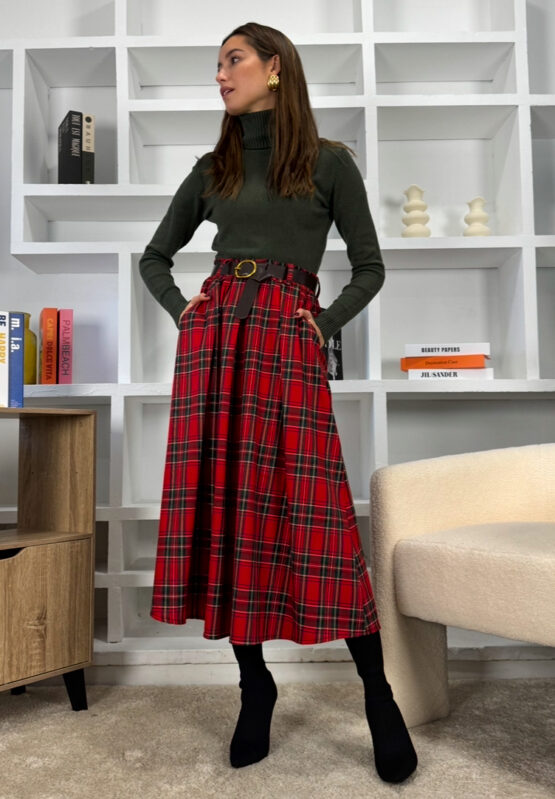 Falda tartán roja con cinto - Imagen 6