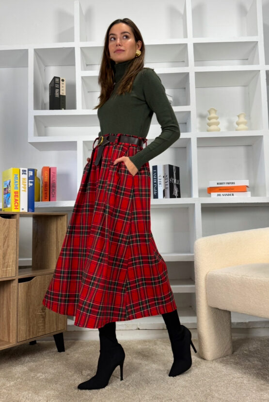 Falda tartán roja con cinto - Imagen 5