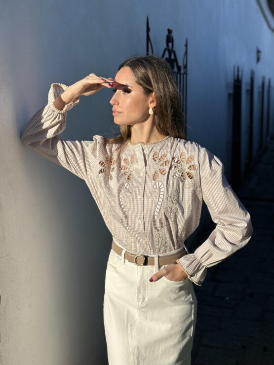 Blusa Micaela cuadro Vichy beige - Imagen 2