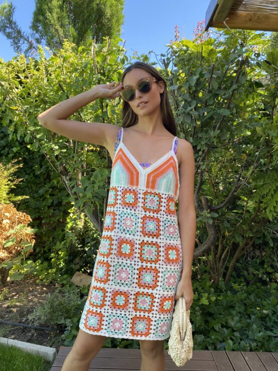 Vestido crochet patchwork Orange